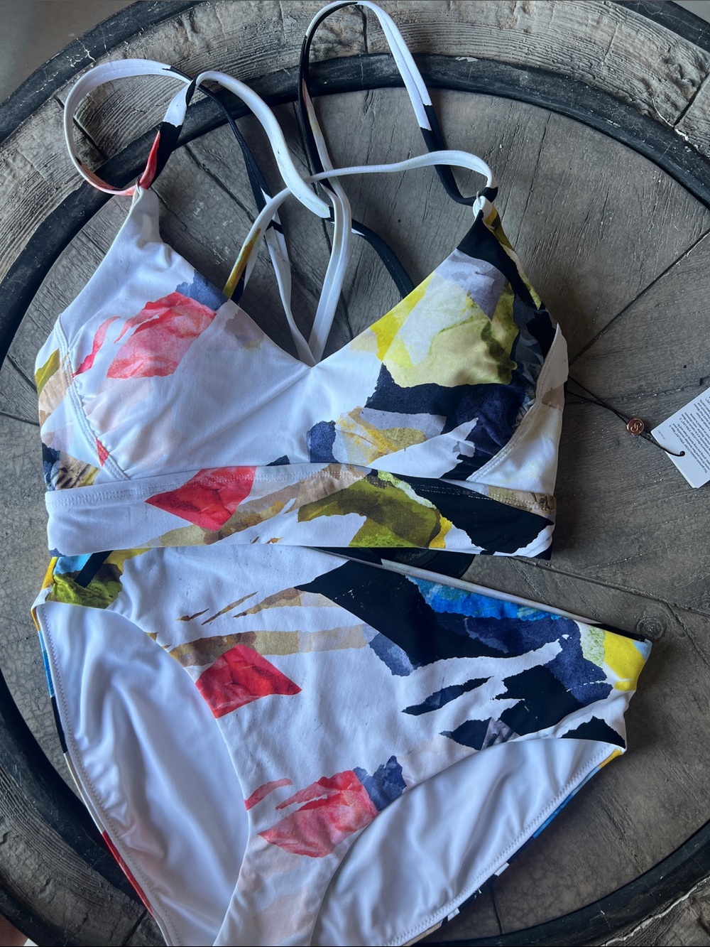 Women's Floral Abstract Print Bikini Set in White, Yellow & Red